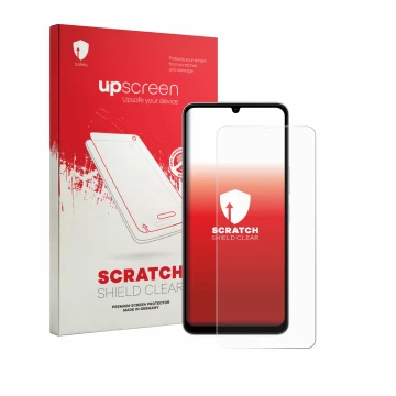 Vorderseite einer Produktverpackung mit dem Markenlogo upscreen. Daneben ist das Gerät Vivo Y11 2026 mit dem zugehörigen Displ