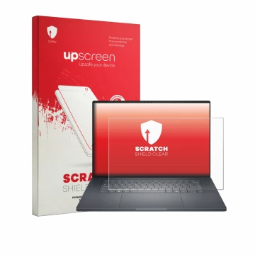 Vorderseite einer Produktverpackung mit dem Markenlogo upscreen. Daneben ist das Gerät Dell Pro Precision 7 Series 16 mit dem 