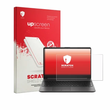 Vorderseite einer Produktverpackung mit dem Markenlogo upscreen. Daneben ist das Gerät HP EliteBook 250RT G9 mit dem zugehörig