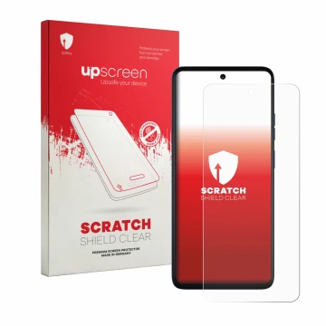 Vorderseite einer Produktverpackung mit dem Markenlogo upscreen. Daneben ist das Gerät Motorola Moto G57 mit dem zugehörigen D