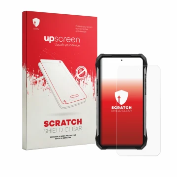Vorderseite einer Produktverpackung mit dem Markenlogo upscreen. Daneben ist das Gerät Unihertz 8849 Tank 5 mit dem zugehörige