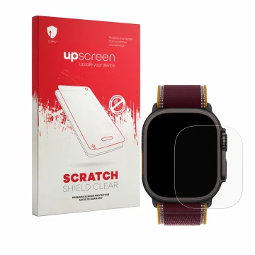 Vorderseite einer Produktverpackung mit dem Markenlogo upscreen. Daneben ist das Gerät Apple Watch Ultra 4 (49 mm) mit dem zug