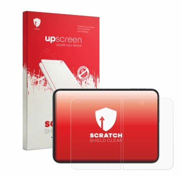 Vorderseite einer Produktverpackung mit dem Markenlogo upscreen. Daneben ist das Gerät Apple iPhone Duo (Inneres Display) mit 