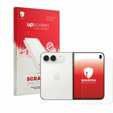 Vorderseite einer Produktverpackung mit dem Markenlogo upscreen. Daneben ist das Gerät Apple iPhone Duo (Display+Kamera) mit d