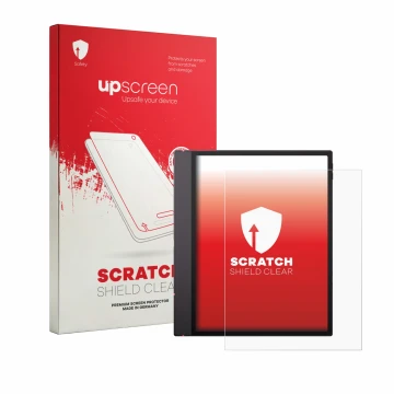 Vorderseite einer Produktverpackung mit dem Markenlogo upscreen. Daneben ist das Gerät Boox Note Air 6 C mit dem zugehörigen D