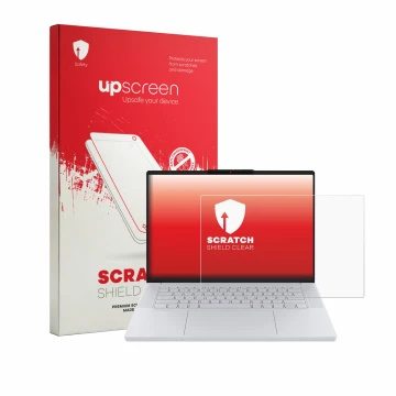 Vorderseite einer Produktverpackung mit dem Markenlogo upscreen. Daneben ist das Gerät Lenovo Googlebook 15 mit dem zugehörige