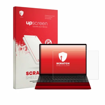 Vorderseite einer Produktverpackung mit dem Markenlogo upscreen. Daneben ist das Gerät HP Scuderia Ferrari Notebook mit dem zu