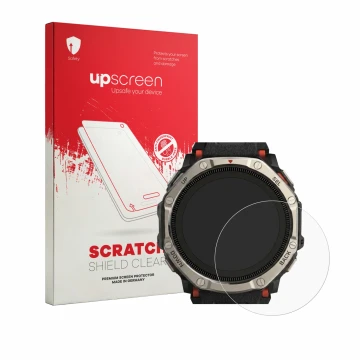 Vorderseite einer Produktverpackung mit dem Markenlogo upscreen. Daneben ist das Gerät Huami Amazfit T-Rex Dual Solar mit dem 
