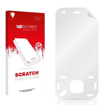 Vorderseite einer Produktverpackung mit dem Markenlogo upscreen. Daneben ist der zugehörige Displayschutz.