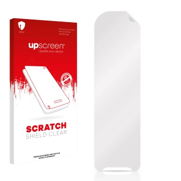 Vorderseite einer Produktverpackung mit dem Markenlogo upscreen. Daneben ist der zugehörige Displayschutz.