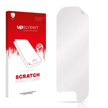 Vorderseite einer Produktverpackung mit dem Markenlogo upscreen. Daneben ist der zugehörige Displayschutz.