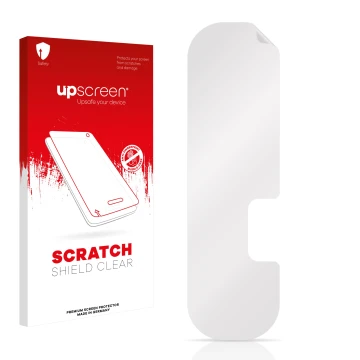 Vorderseite einer Produktverpackung mit dem Markenlogo upscreen. Daneben ist der zugehörige Displayschutz.