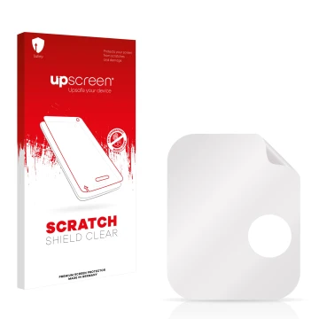 Vorderseite einer Produktverpackung mit dem Markenlogo upscreen. Daneben ist der zugehörige Displayschutz.