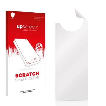Vorderseite einer Produktverpackung mit dem Markenlogo upscreen. Daneben ist der zugehörige Displayschutz.