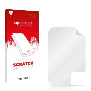 Vorderseite einer Produktverpackung mit dem Markenlogo upscreen. Daneben ist der zugehörige Displayschutz.