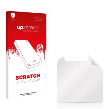 Vorderseite einer Produktverpackung mit dem Markenlogo upscreen. Daneben ist der zugehörige Displayschutz.