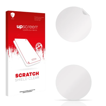 Vorderseite einer Produktverpackung mit dem Markenlogo upscreen. Daneben ist der zugehörige Displayschutz.