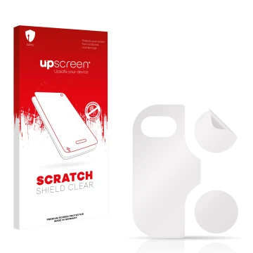 Vorderseite einer Produktverpackung mit dem Markenlogo upscreen. Daneben ist der zugehörige Displayschutz.