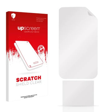 Vorderseite einer Produktverpackung mit dem Markenlogo upscreen. Daneben ist der zugehörige Displayschutz.