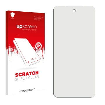 Vorderseite einer Produktverpackung mit dem Markenlogo upscreen. Daneben ist der zugehörige Displayschutz.