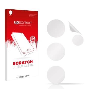 Vorderseite einer Produktverpackung mit dem Markenlogo upscreen. Daneben ist der zugehörige Displayschutz.