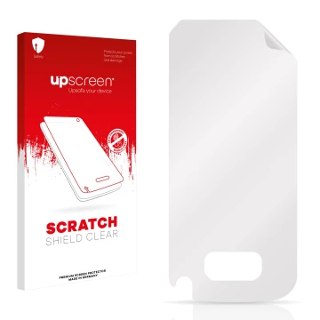 Vorderseite einer Produktverpackung mit dem Markenlogo upscreen. Daneben ist der zugehörige Displayschutz.