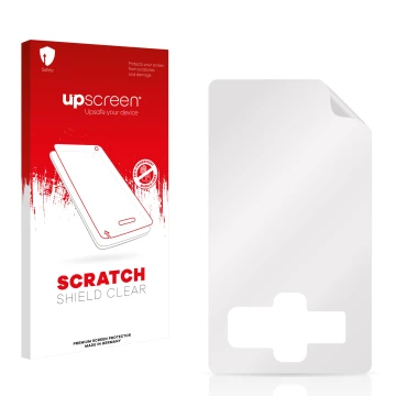 Vorderseite einer Produktverpackung mit dem Markenlogo upscreen. Daneben ist der zugehörige Displayschutz.