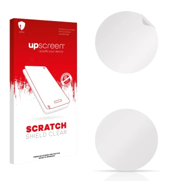 Vorderseite einer Produktverpackung mit dem Markenlogo upscreen. Daneben ist der zugehörige Displayschutz.