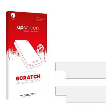 Vorderseite einer Produktverpackung mit dem Markenlogo upscreen. Daneben ist der zugehörige Displayschutz.