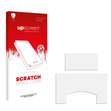 Vorderseite einer Produktverpackung mit dem Markenlogo upscreen. Daneben ist der zugehörige Displayschutz.