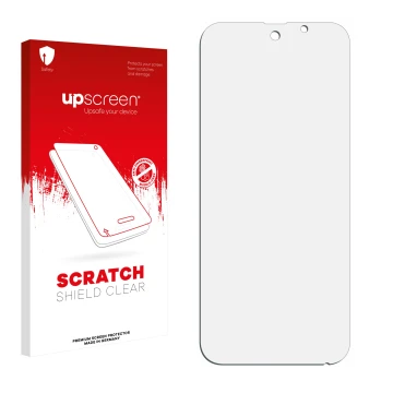 Vorderseite einer Produktverpackung mit dem Markenlogo upscreen. Daneben ist der zugehörige Displayschutz.