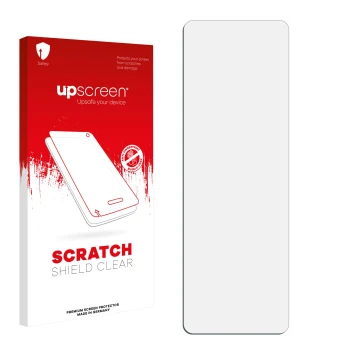 Vorderseite einer Produktverpackung mit dem Markenlogo upscreen. Daneben ist der zugehörige Displayschutz.