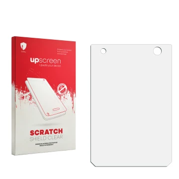 Vorderseite einer Produktverpackung mit dem Markenlogo upscreen. Daneben ist der zugehörige Displayschutz.