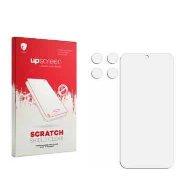 Vorderseite einer Produktverpackung mit dem Markenlogo upscreen. Daneben ist der zugehörige Displayschutz.