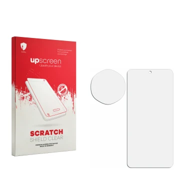 Vorderseite einer Produktverpackung mit dem Markenlogo upscreen. Daneben ist der zugehörige Displayschutz.
