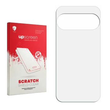 Vorderseite einer Produktverpackung mit dem Markenlogo upscreen. Daneben ist der zugehörige Displayschutz.