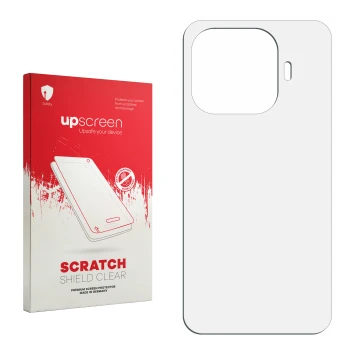 Vorderseite einer Produktverpackung mit dem Markenlogo upscreen. Daneben ist der zugehörige Displayschutz.