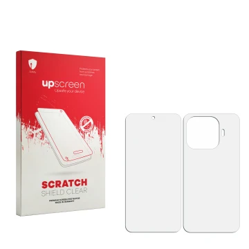 Vorderseite einer Produktverpackung mit dem Markenlogo upscreen. Daneben ist der zugehörige Displayschutz.