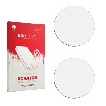 Vorderseite einer Produktverpackung mit dem Markenlogo upscreen. Daneben ist der zugehörige Displayschutz.