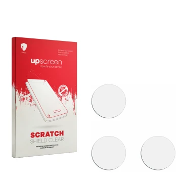 Vorderseite einer Produktverpackung mit dem Markenlogo upscreen. Daneben ist der zugehörige Displayschutz.