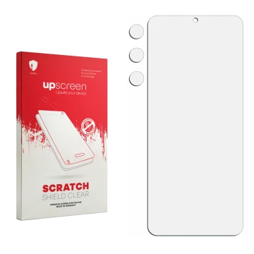 Vorderseite einer Produktverpackung mit dem Markenlogo upscreen. Daneben ist der zugehörige Displayschutz.
