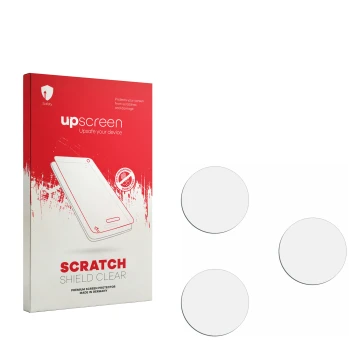 Vorderseite einer Produktverpackung mit dem Markenlogo upscreen. Daneben ist der zugehörige Displayschutz.