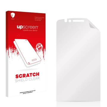 Vorderseite einer Produktverpackung mit dem Markenlogo upscreen. Daneben ist der zugehörige Displayschutz.