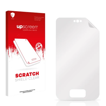 Vorderseite einer Produktverpackung mit dem Markenlogo upscreen. Daneben ist der zugehörige Displayschutz.