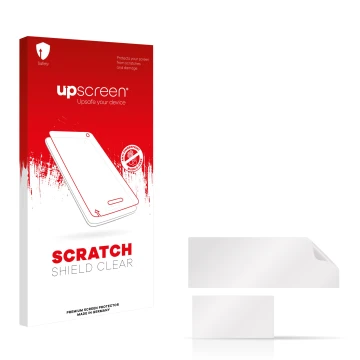 Vorderseite einer Produktverpackung mit dem Markenlogo upscreen. Daneben ist der zugehörige Displayschutz.