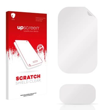 Vorderseite einer Produktverpackung mit dem Markenlogo upscreen. Daneben ist der zugehörige Displayschutz.