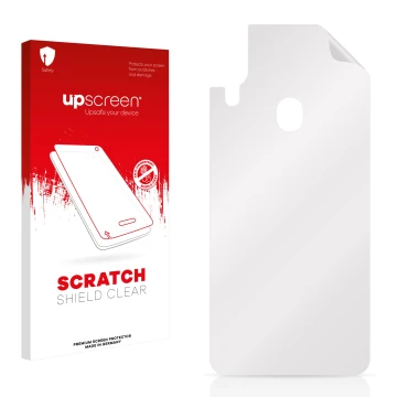 Vorderseite einer Produktverpackung mit dem Markenlogo upscreen. Daneben ist der zugehörige Displayschutz.