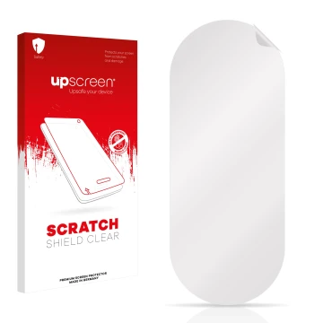 Vorderseite einer Produktverpackung mit dem Markenlogo upscreen. Daneben ist der zugehörige Displayschutz.