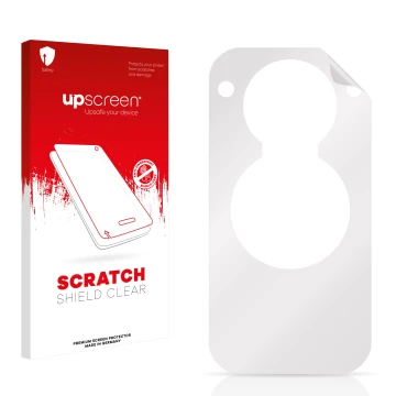 Vorderseite einer Produktverpackung mit dem Markenlogo upscreen. Daneben ist der zugehörige Displayschutz.