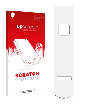 Vorderseite einer Produktverpackung mit dem Markenlogo upscreen. Daneben ist der zugehörige Displayschutz.